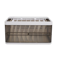 Clear folding clothes organizer box with white lid and interior dividers