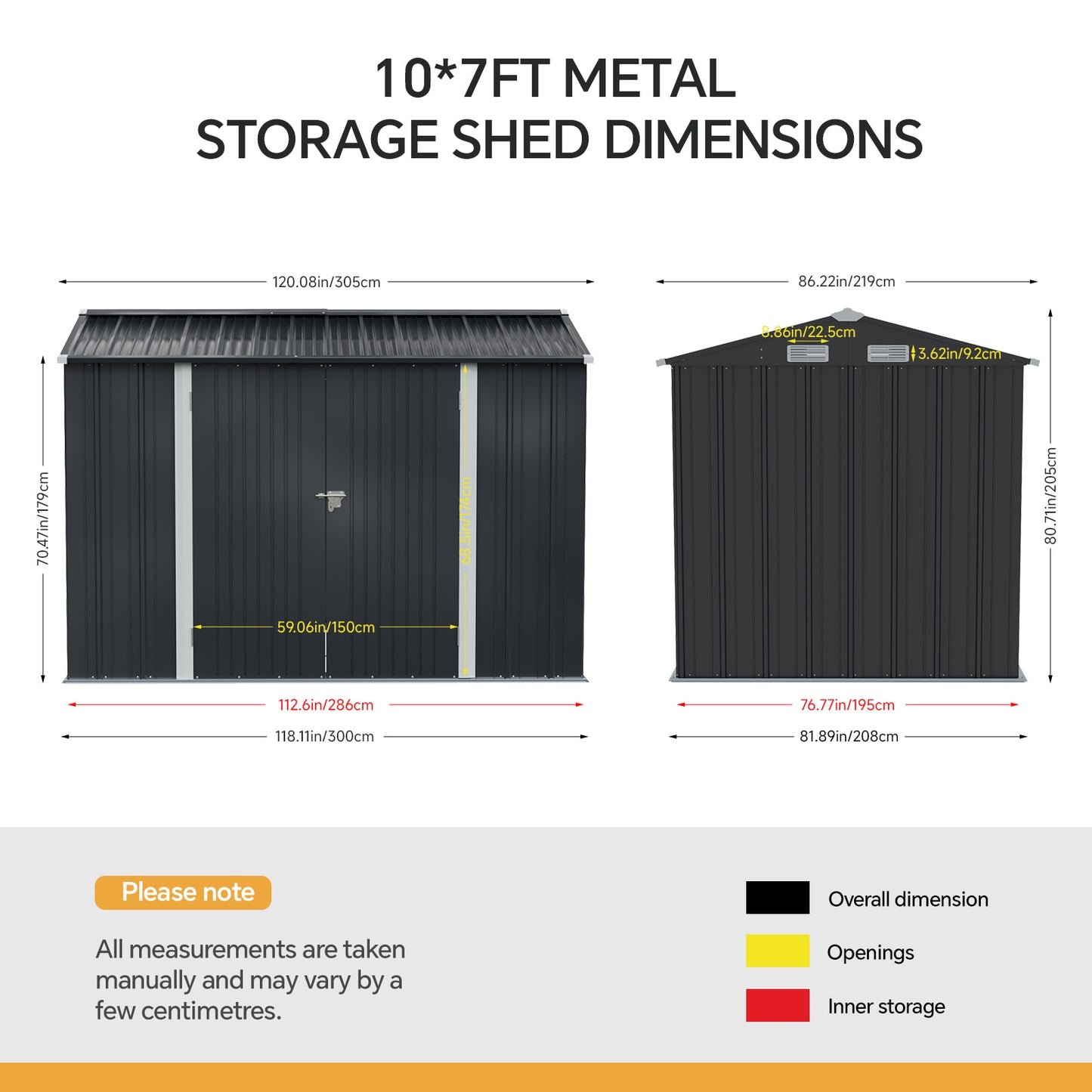 10x7FT Metal Garden Storage Shed with Lockable Double Doors