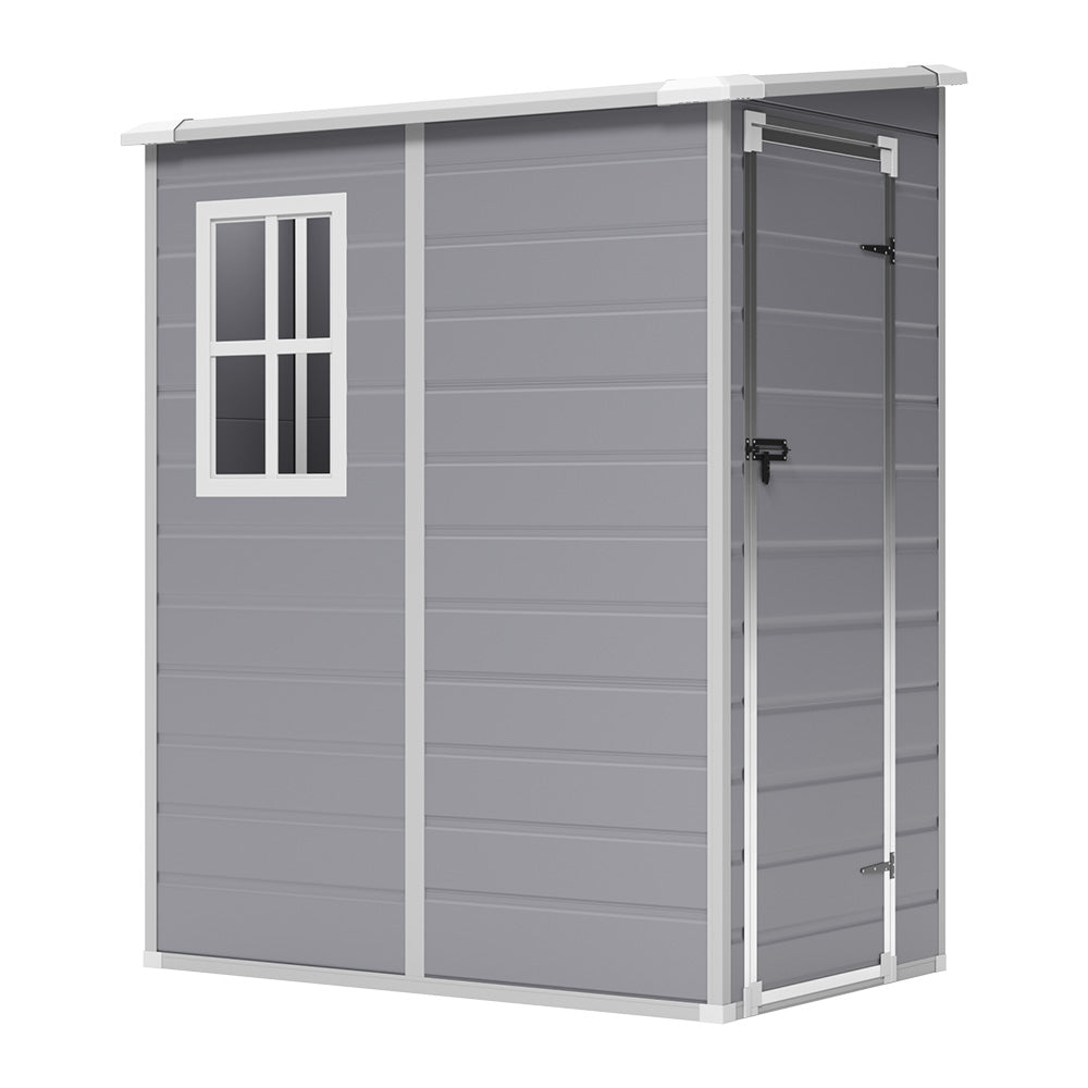 5x4ft grey plastic outdoor storage shed isolated on white background with sloped roof