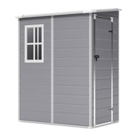 5x4ft grey plastic outdoor storage shed isolated on white background with sloped roof