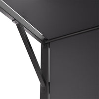 Close-up of Corner Structure – Dark Steel Frame and Retractable Canopy Detail from Below