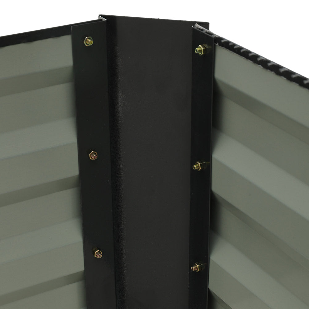 Close-up of internal corner of galvanized steel rectangular raised garden bed – durable metal frame for efficient planting