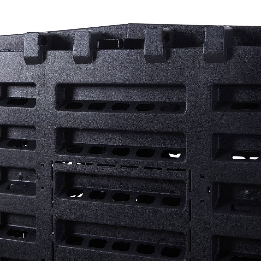 Close-up of 340L compost bin ventilation design – black plastic with easy-access lid and base flap