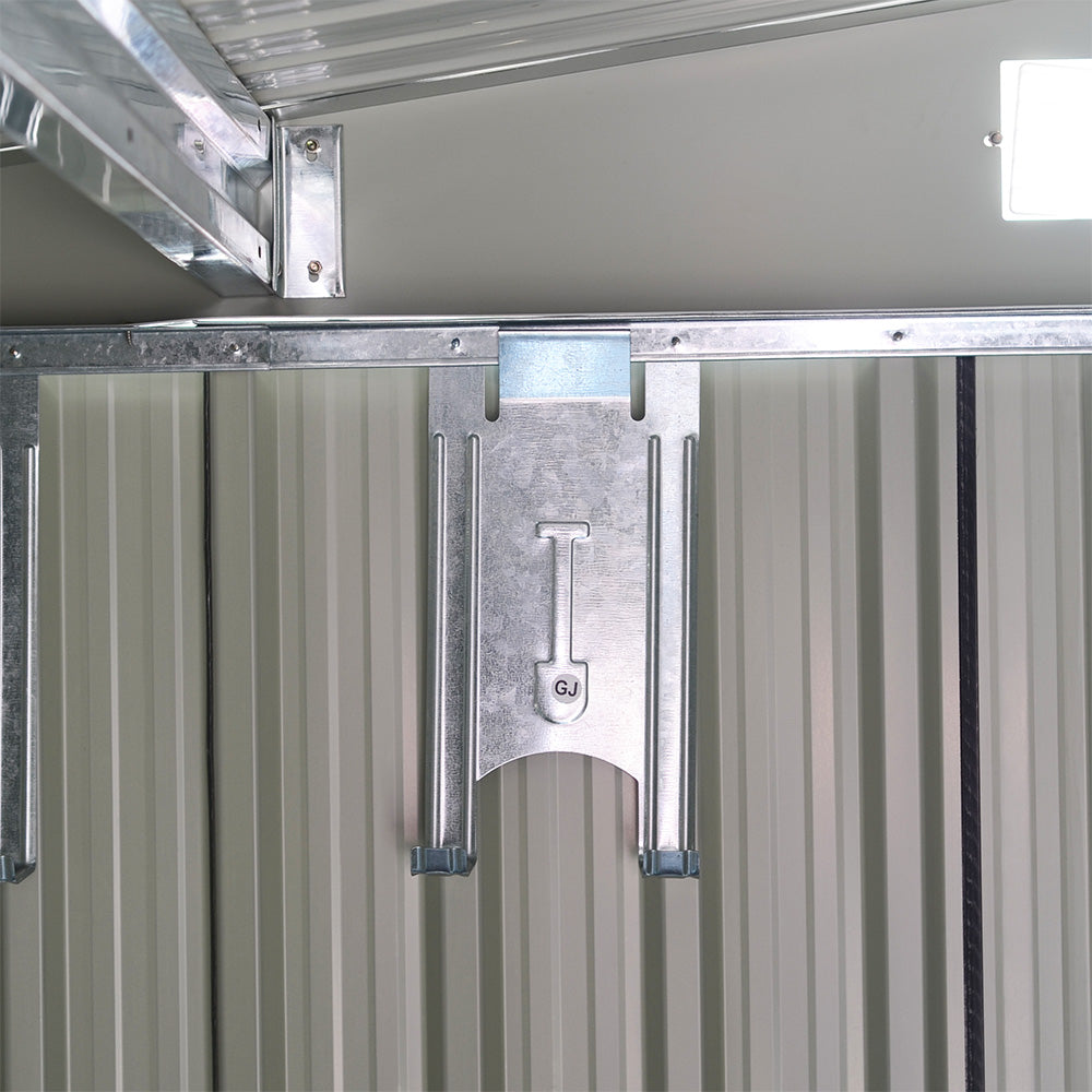 Interior side panel detail of 5x7ft charcoal black sliding door tool shed – sturdy construction