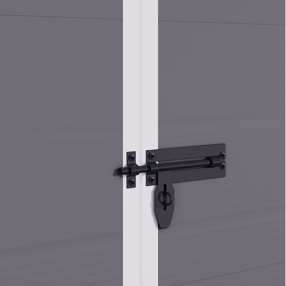 Secure lockable door handle on 8x4ft plastic outdoor storage shed – keeps garden equipment safe