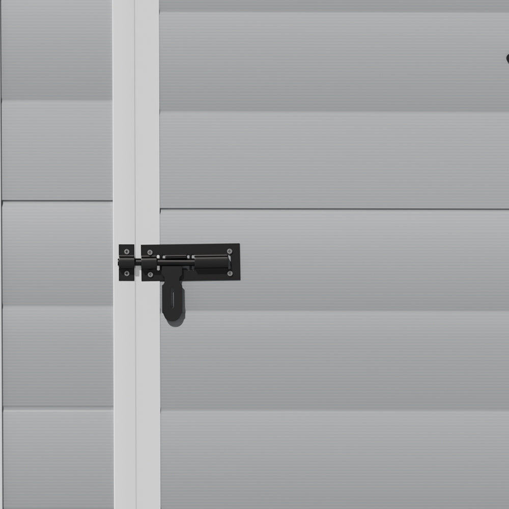 Close-up of lockable hinged door handle on 4x3ft plastic tool storage shed – secure garden equipment storage