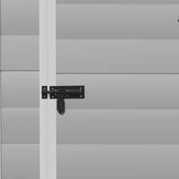 Close-up of lockable hinged door handle on 4x3ft plastic tool storage shed – secure garden equipment storage