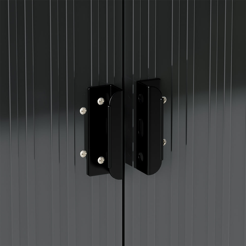 Close-up of ergonomic handle on 7x4ft charcoal metal shed – durable and easy to grip