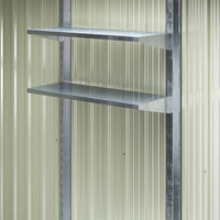 Interior wall-mounted storage rack detail inside 8x4ft galvanized steel acrylic tool shed – organized tool storage
