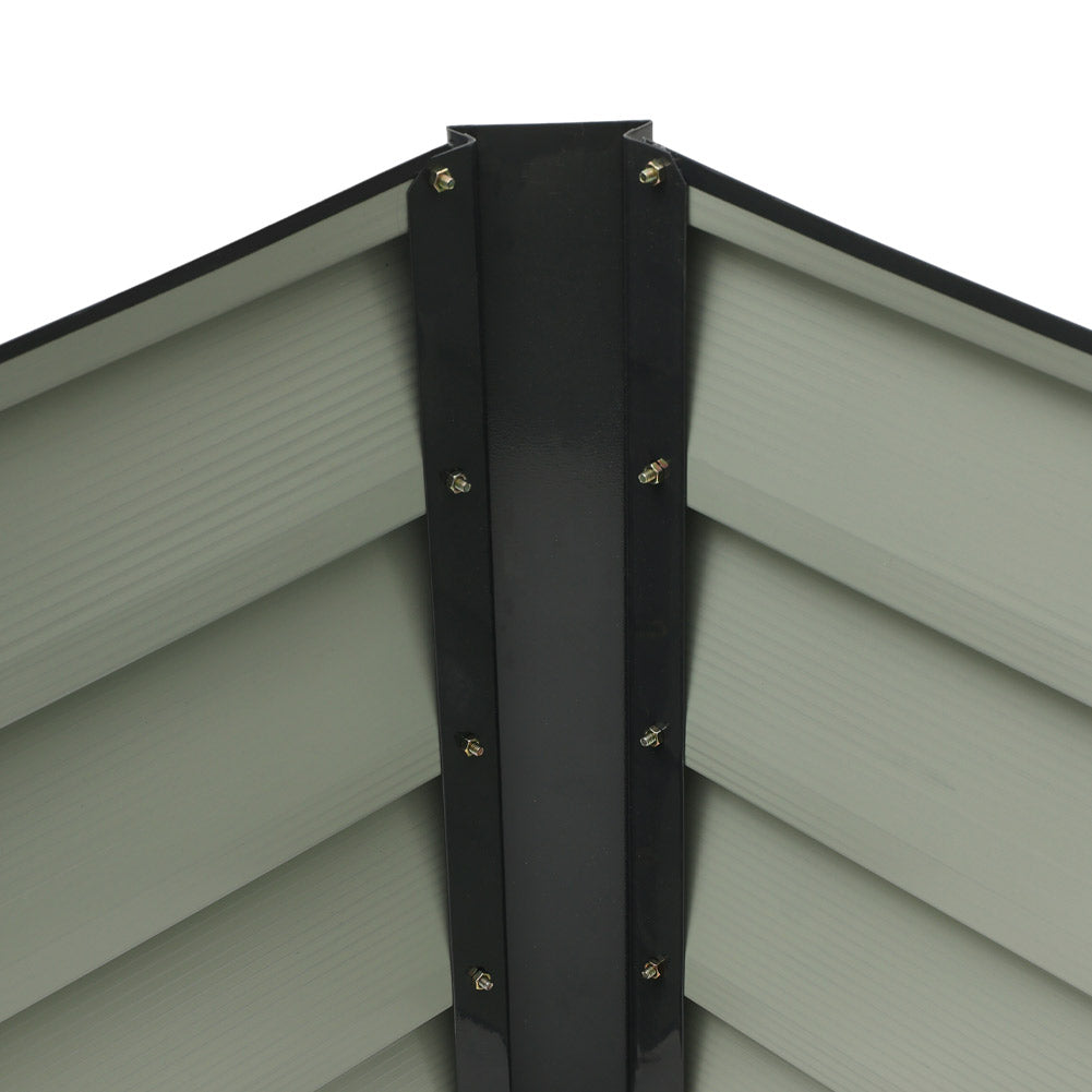 Close-up of internal corner of 7-shape raised garden bed – sturdy construction for efficient planting