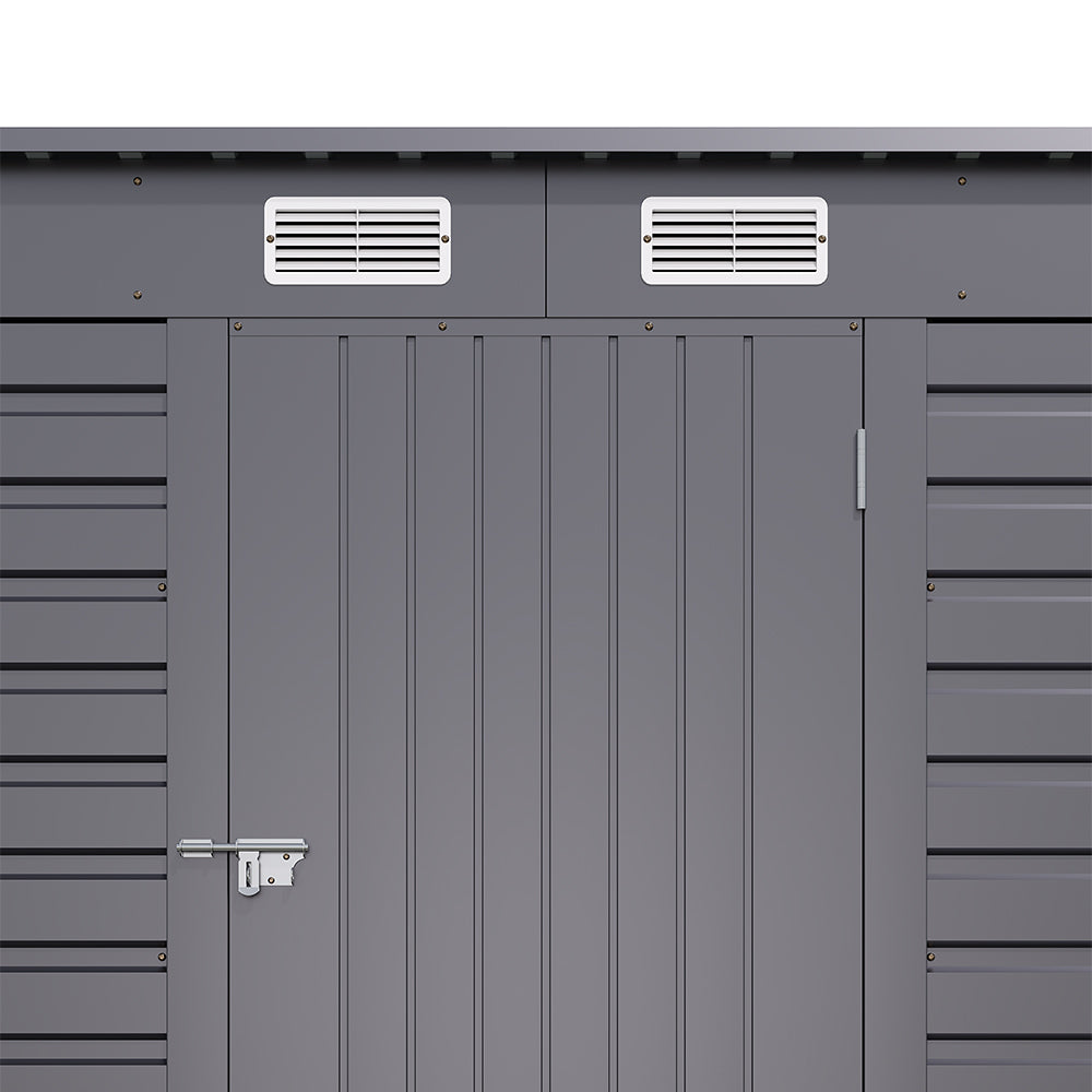 Detailed view of lockable door and ventilation grille on 6x4ft metal garden shed – promotes air circulation and security