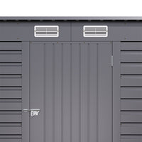 Detailed view of lockable door and ventilation grille on 6x4ft metal garden shed – promotes air circulation and security