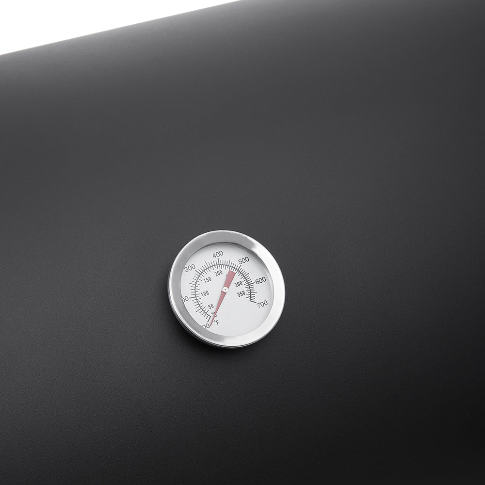 Close-Up of Built-in Thermometer on Black Outdoor Charcoal Grill – Precise Heat Control for BBQ Cooking
