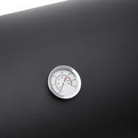 Close-Up of Built-in Thermometer on Black Outdoor Charcoal Grill – Precise Heat Control for BBQ Cooking