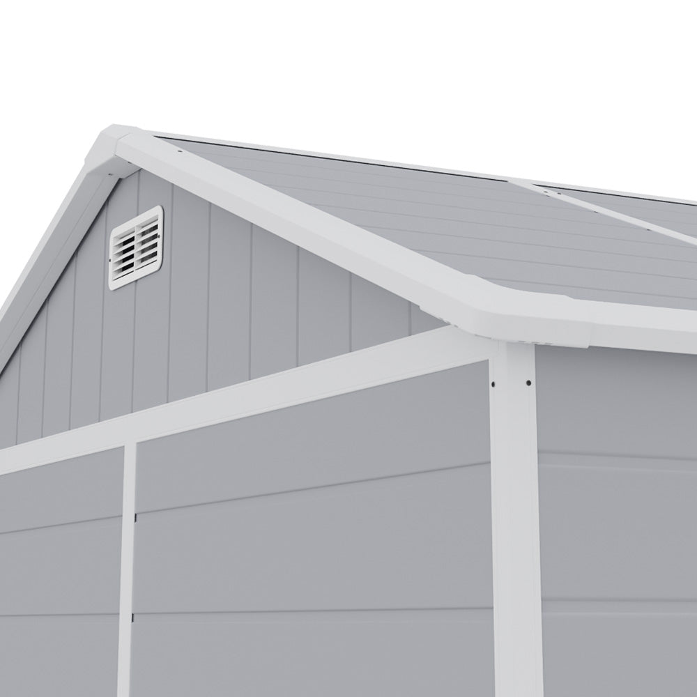 Built-in ventilation panel on grey plastic garden shed – promotes airflow and prevents moisture build-up