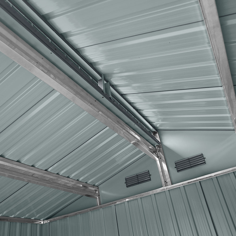 Interior view of lean-to sloped roof structure in 10x5ft galvanized steel garden shed – reinforced support beams