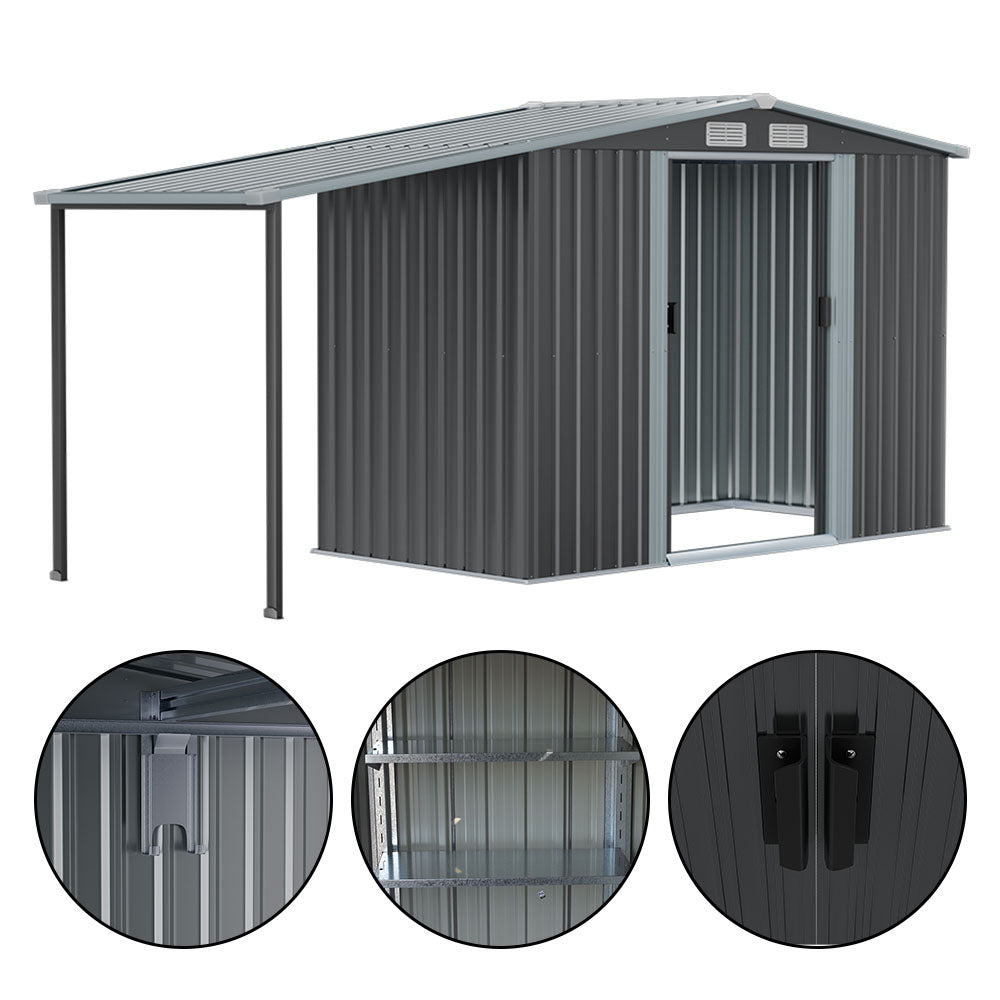 Close-up details of 8x8ft lean-to shed – sliding door mechanism, reinforced panels, and lean-to side shelter
