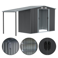 Close-up details of 8x8ft lean-to shed – sliding door mechanism, reinforced panels, and lean-to side shelter