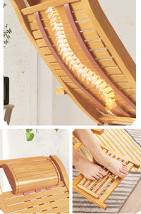 Detailed view of breathable slatted backrest and curved bamboo base