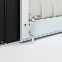 Close-up of ground bolt lock at the base of the 8x5ft metal garden shed doors – added outdoor security