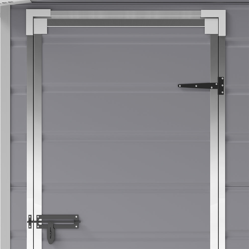 Close-up of lockable doors – secure handle and panel design of 5x4ft grey plastic garden shed