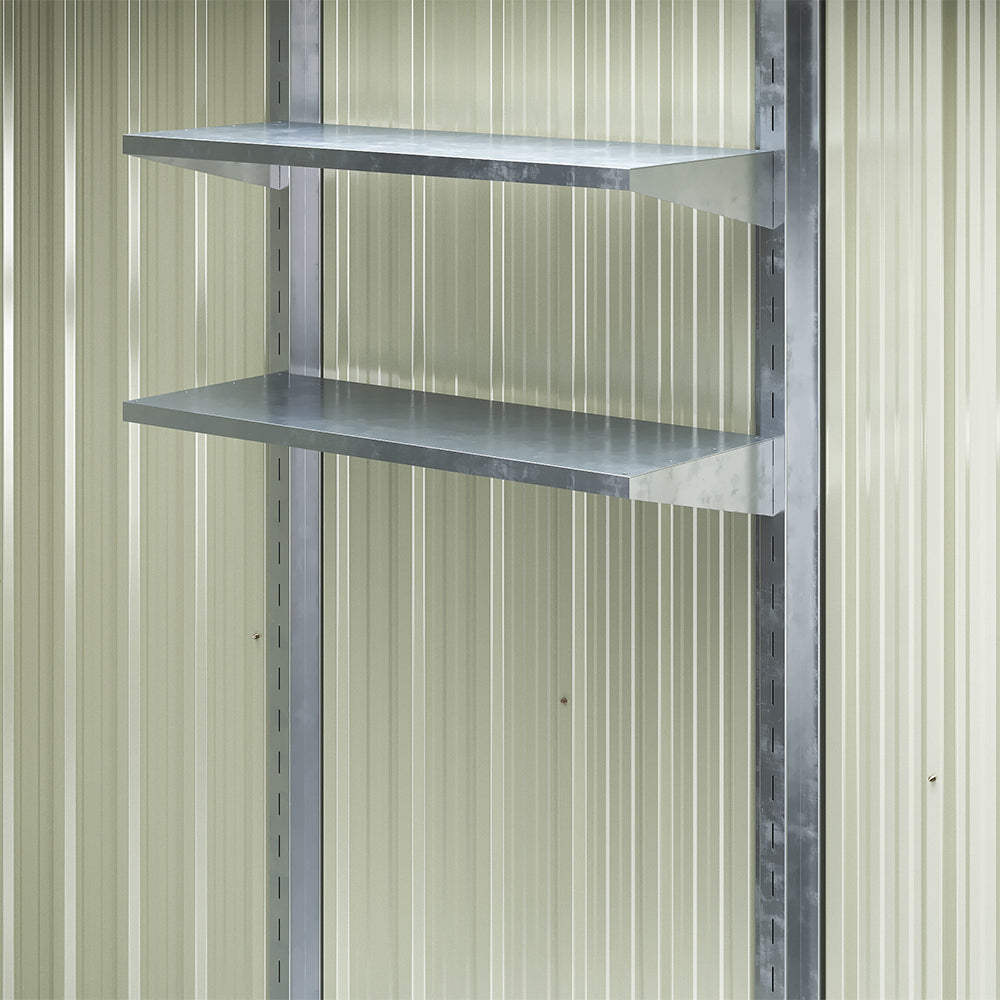 Organized interior wall rack inside 8x4ft galvanized steel acrylic tool shed – efficient garden tool storage solution