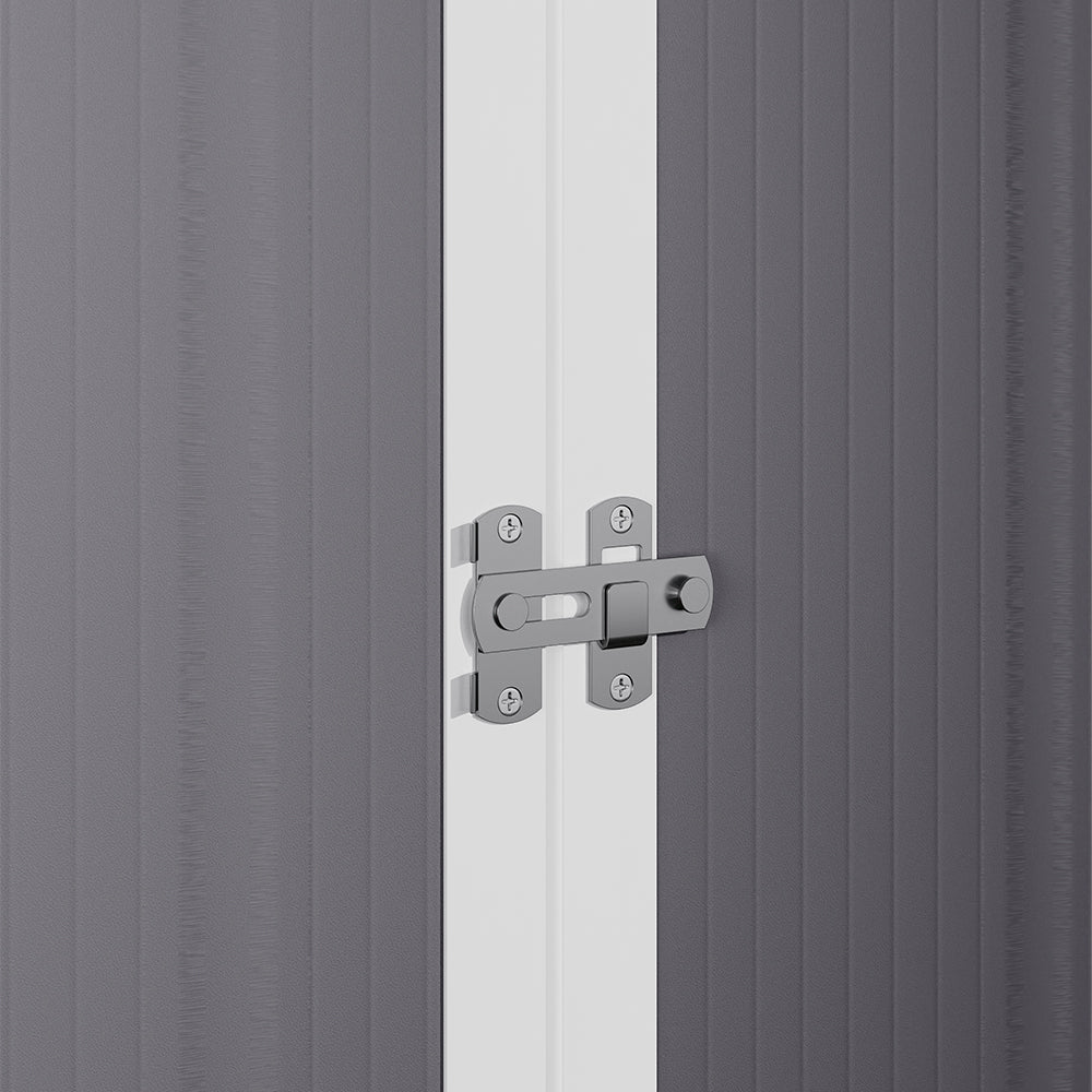 Close-up of lockable handle on 5x2ft aluminum tool shed – secure garden storage solution