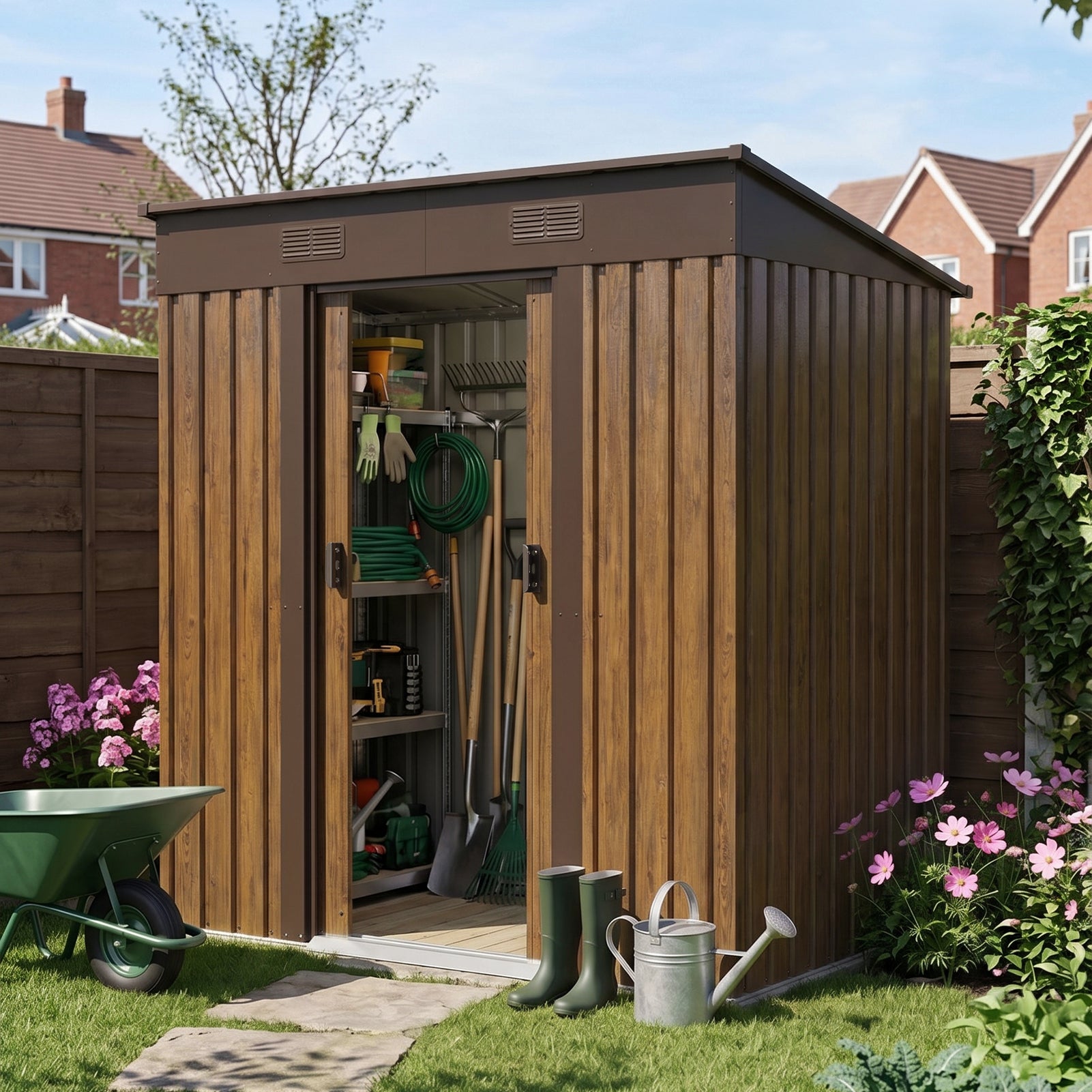6x4FT Metal Garden Storage Shed with Lockable Sliding Doors