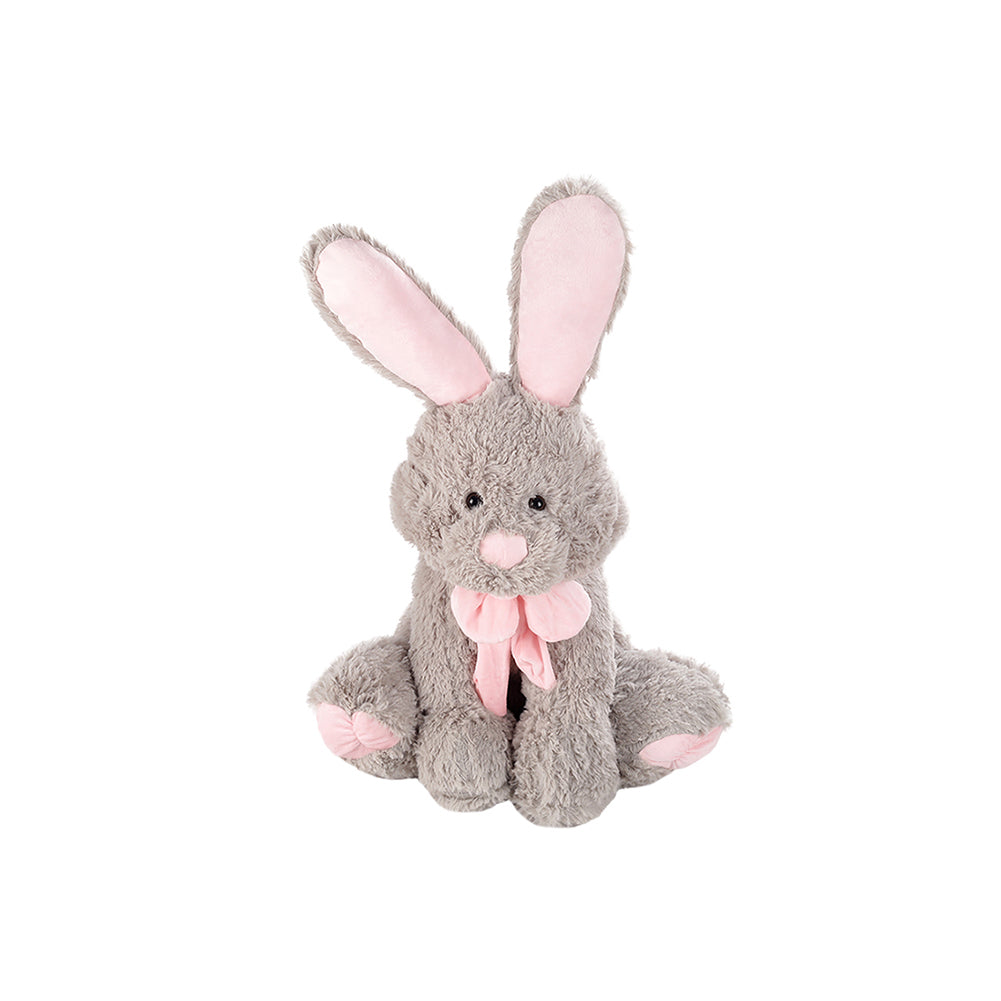 Grey plush rabbit stuffed doll with long pink ears and a bow at the chest
