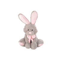 Grey plush rabbit stuffed doll with long pink ears and a bow at the chest