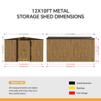 10x12ft Wood Grain Metal Garden Storage Shed With Double Sliding Doors