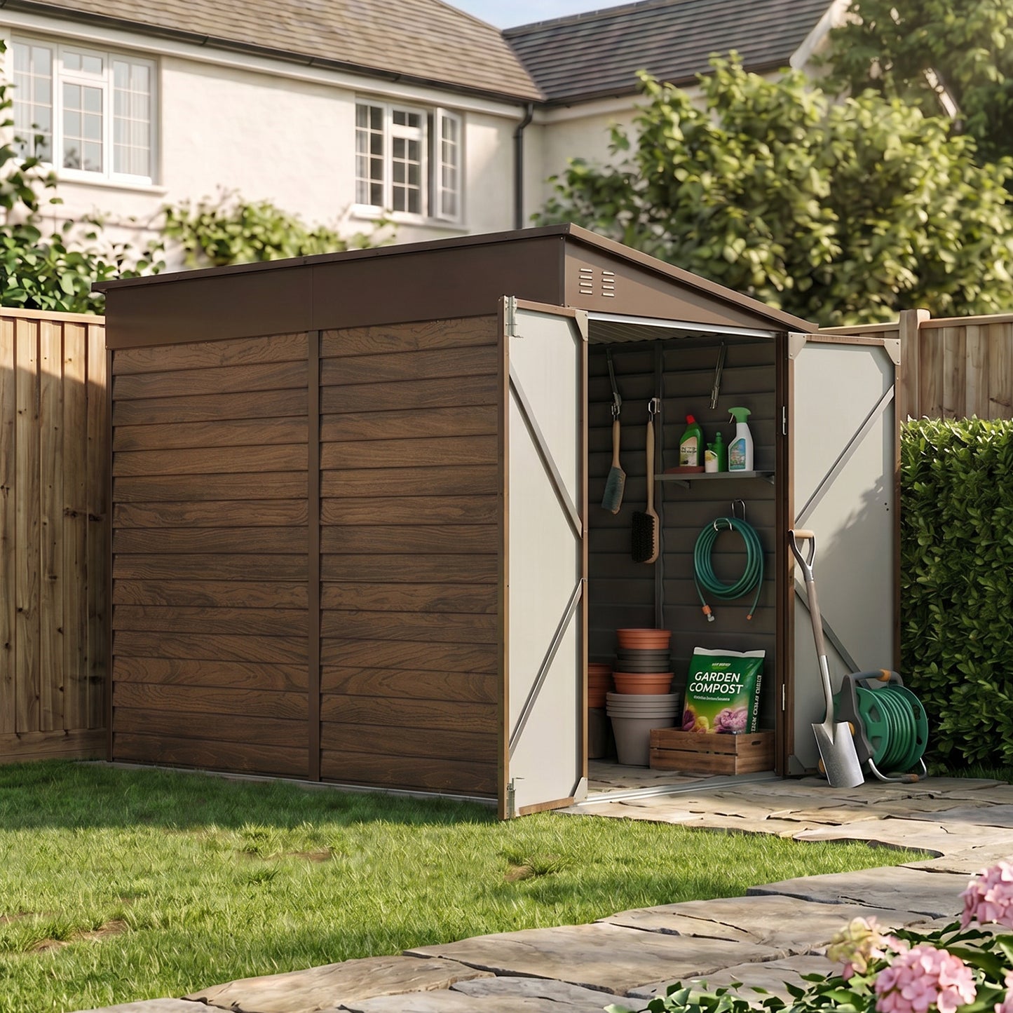 4.6 x 9FT Metal Pent Roof Garden Tool Storage Shed With Double Doors And Hooks