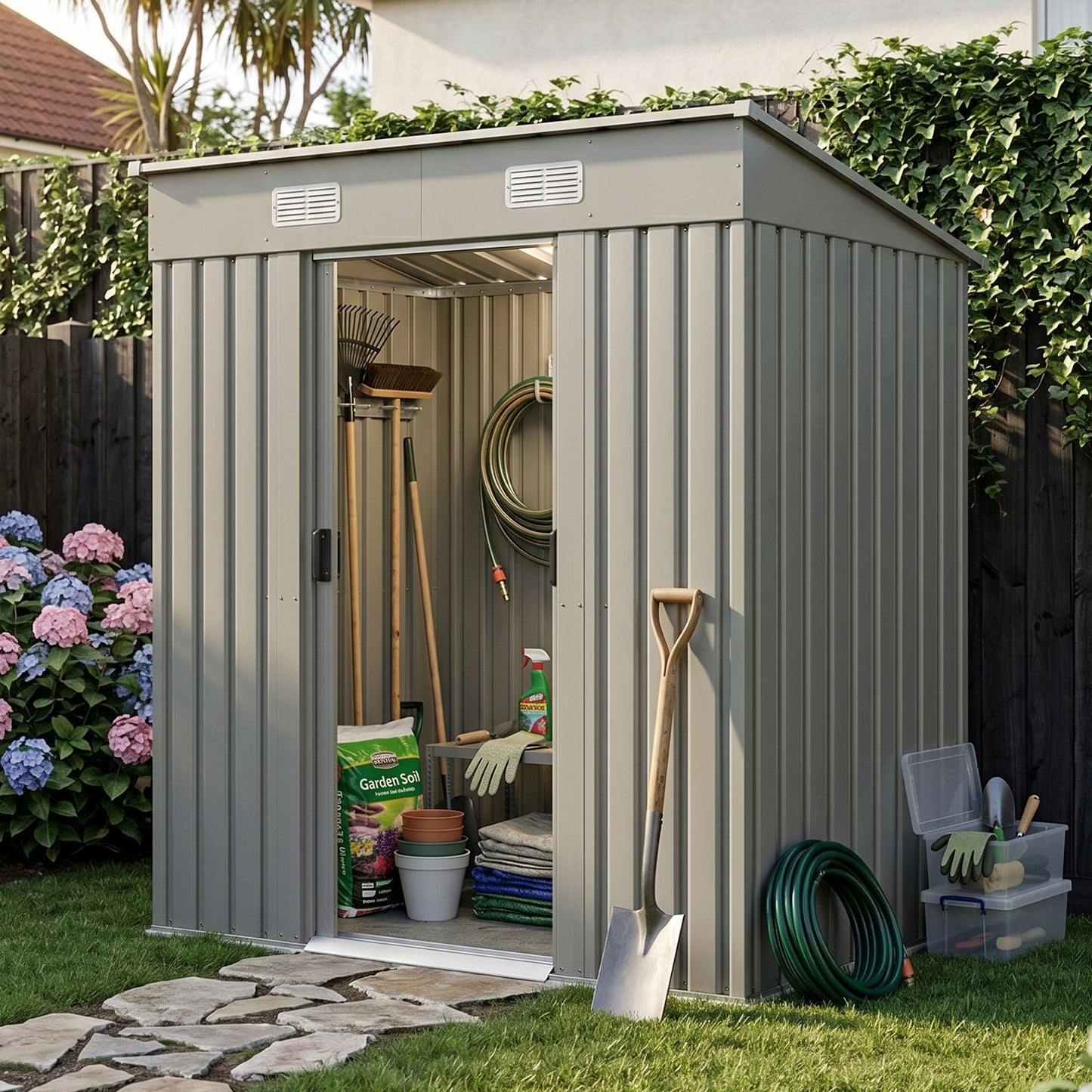 6x4FT Metal Garden Storage Shed with Lockable Sliding Doors