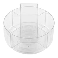 Transparent rotating makeup storage carousel with divided compartments and brush slot