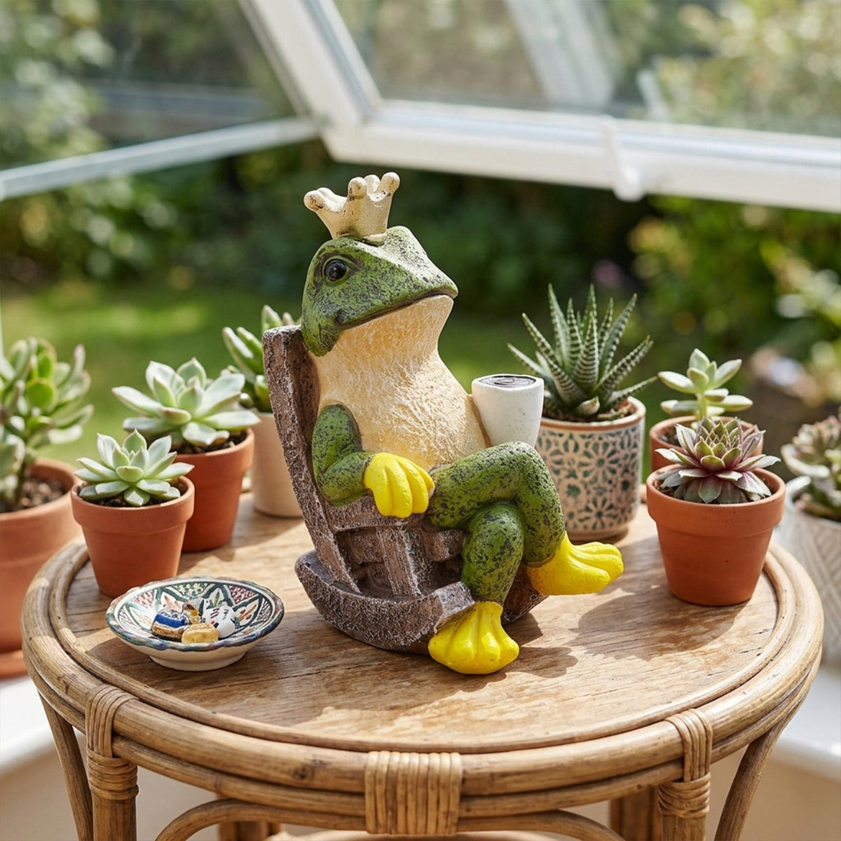 Resin frog prince figurine ornament with crown and mug on a textured stone base