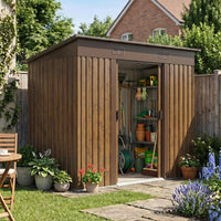 4 x 8FT Metal Wood Grain Outdoor Garden Tool Storage Shed with Lockable Doors
