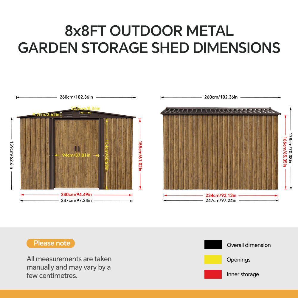 8x8ft Wood Grain Apex Roof Metal Garden Storage Shed With Sliding Doors
