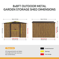 8x8ft Wood Grain Apex Roof Metal Garden Storage Shed With Sliding Doors
