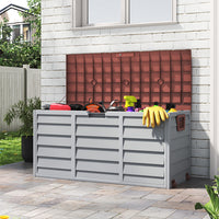 brown 290L garden storage box opened – shows garden tools and equipment stored neatly inside
