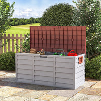 290L brown garden storage box with wheels – outdoor lockable waterproof container for tools and cushions