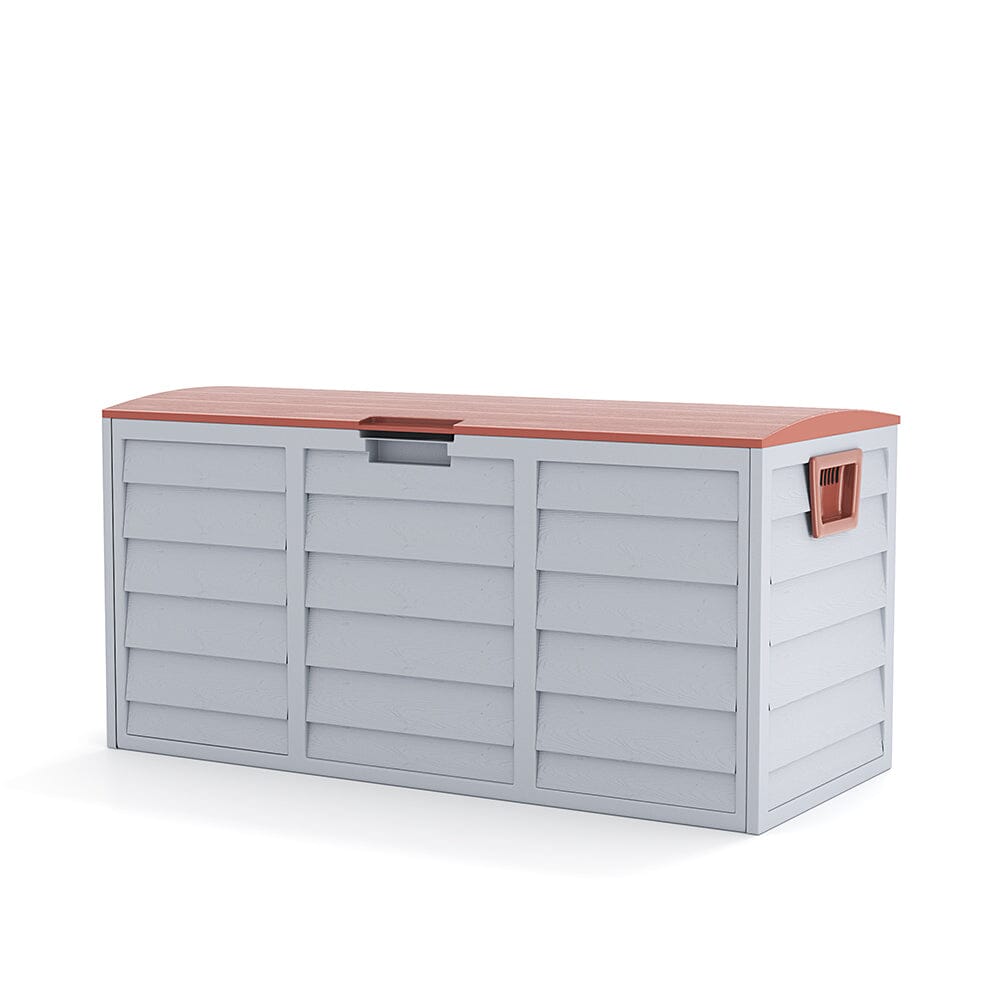 brown 290L garden storage box with wheels – plastic outdoor storage container on white background