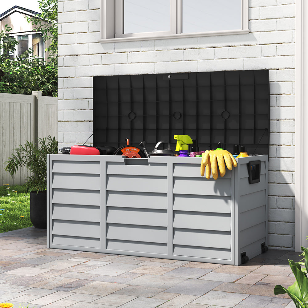 290L black garden storage box open – filled with gardening tools and patio accessories