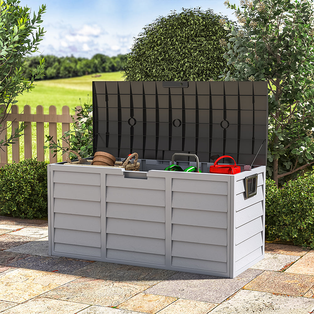 290L black garden storage box with wheels – waterproof outdoor container with lockable lid