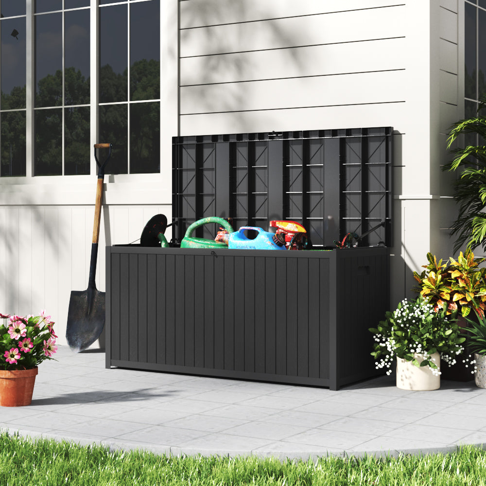 Open Black 430L Garden Storage Box – Tools and Cushions Neatly Stored Outdoors