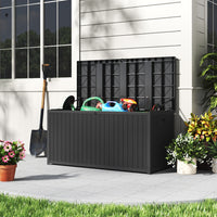 Open Black 430L Garden Storage Box – Tools and Cushions Neatly Stored Outdoors