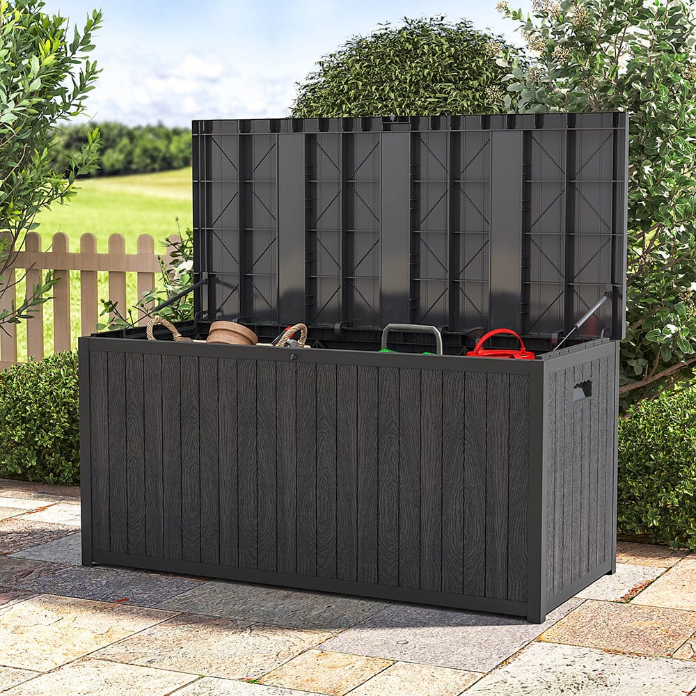 430L Black Waterproof Metal Garden Storage Box – Lockable Outdoor Deck Chest
