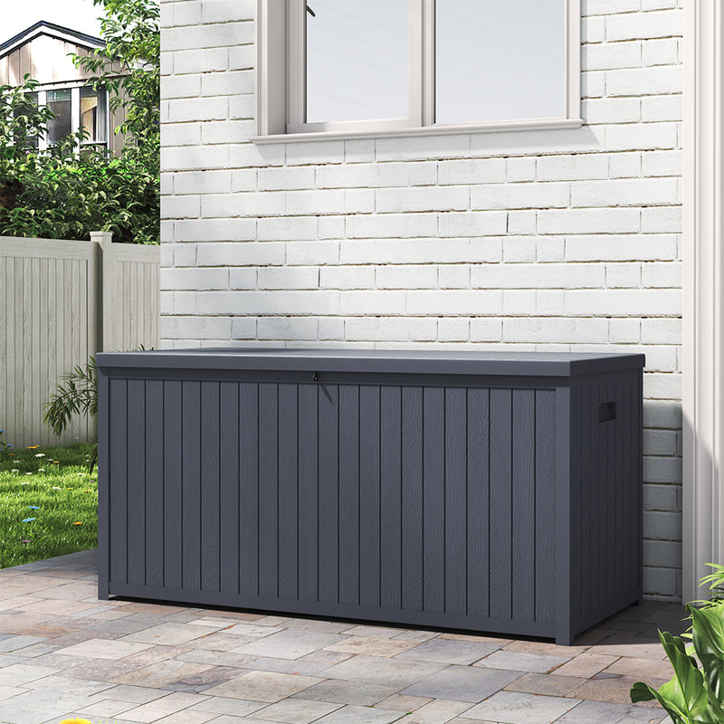 Closed Grey 430L Storage Box by Outdoor Wall – Secure and Sleek Garden Solution