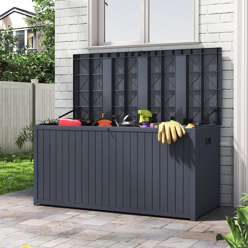 Open Grey 430L Garden Storage Chest – Tools and Accessories Stored Neatly
