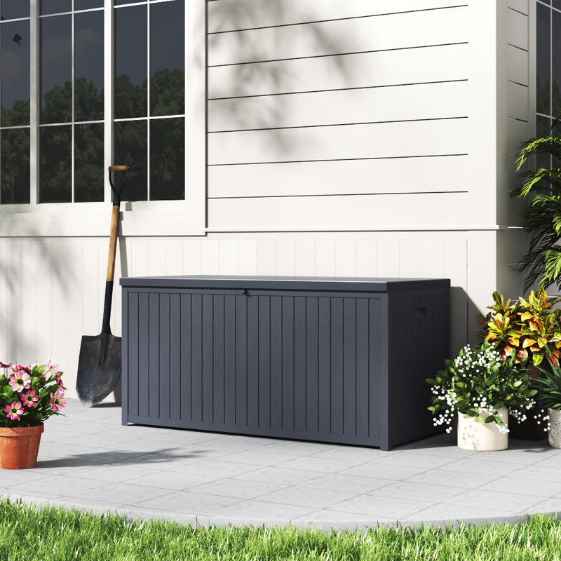 Weatherproof Grey Garden Storage Chest Closed – Modern Look by the Wall