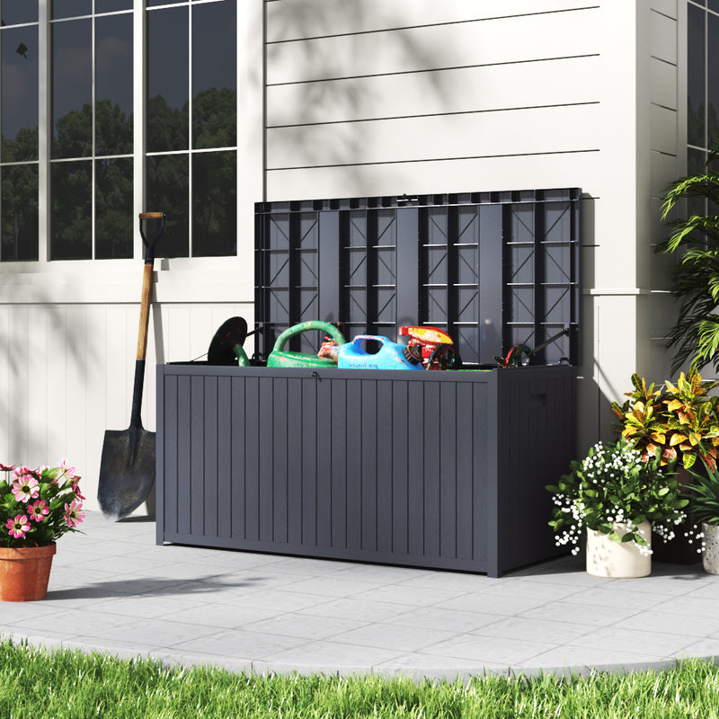 430L Grey Outdoor Storage Box Open – Ideal for Gardening Tools and Equipment